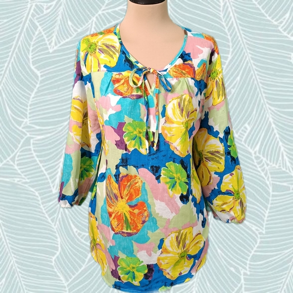 Hester & Orchard Tops - Hester & Orchard Sz L Linen Blend Artsy Rainbow Colorful Floral Blouse Top